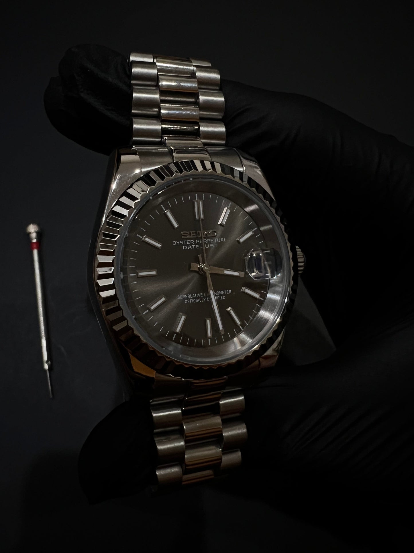 CUSTOM WATCH MOD SILVER FACE DATEJUST NH35 AUTOMATIC