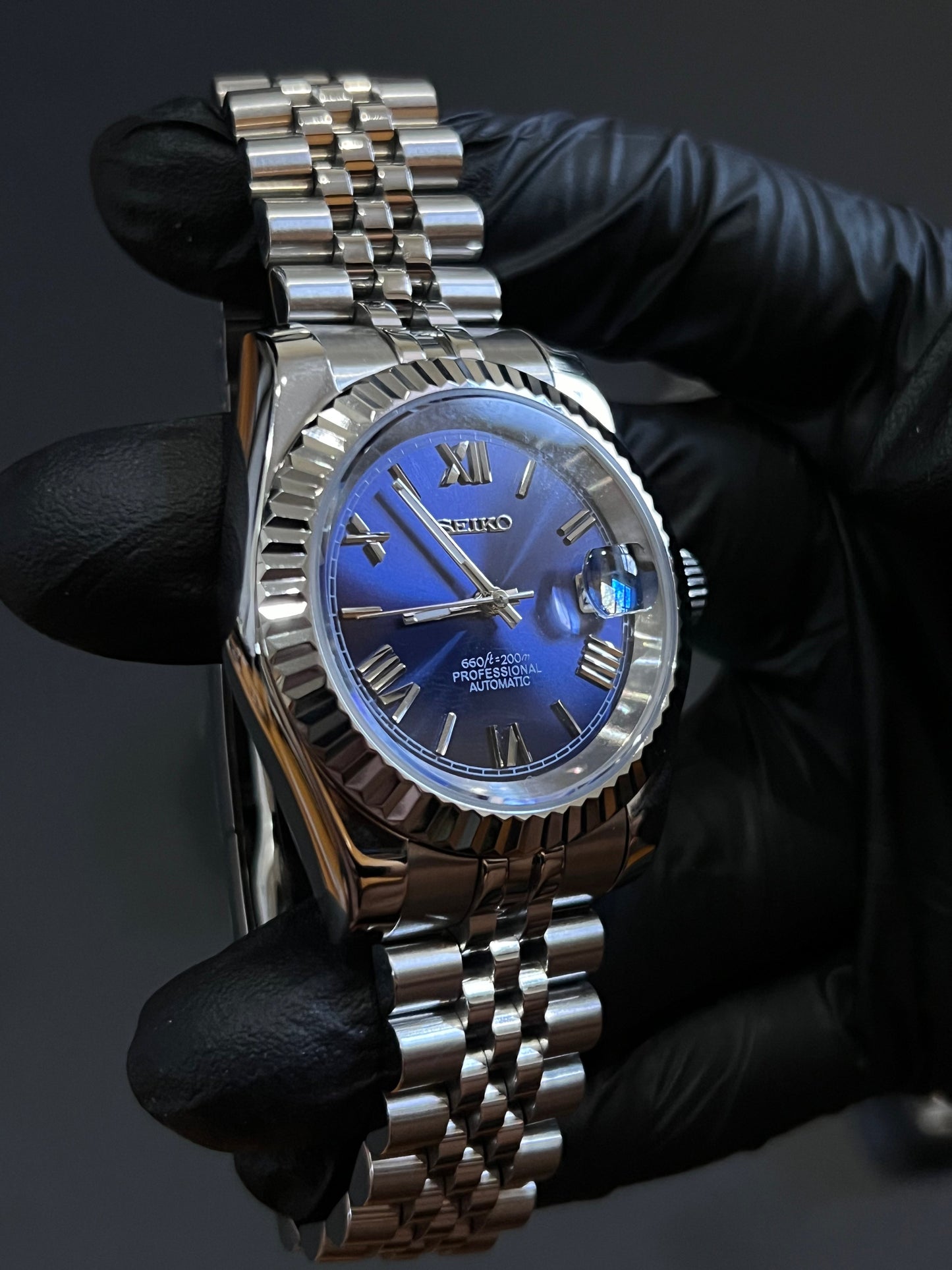 CUSTOM WATCH MOD BLUE ROMAN FACE DATEJUST NH35 AUTOMATIC